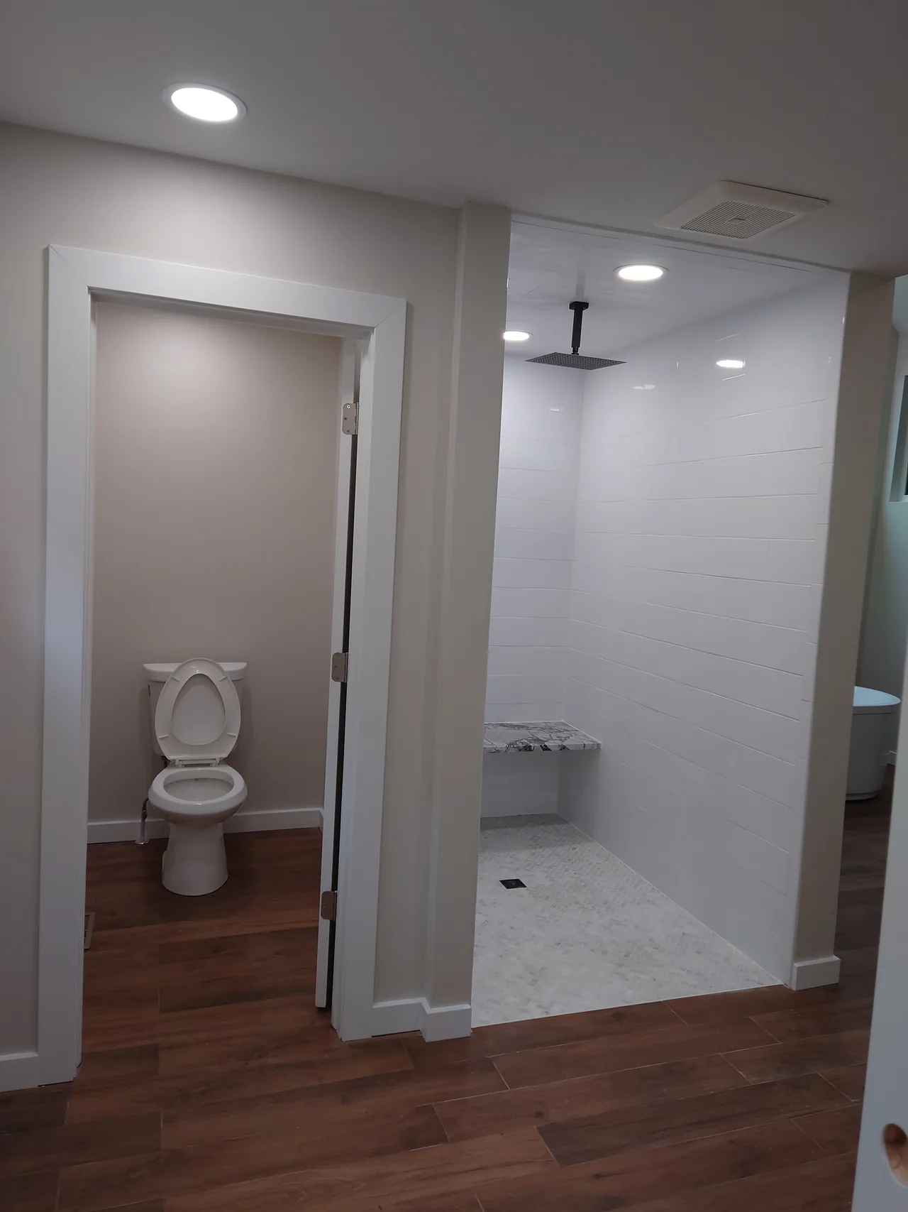 Shower entry, white trim, and wood-look floor